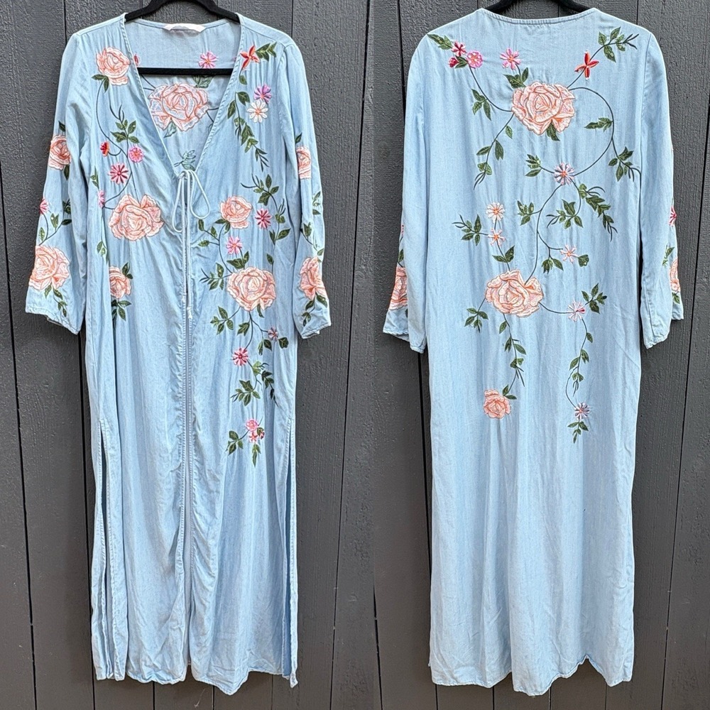 Zara Boho Floral Embroidered Maxi Kimono M Art to Wear Festival Western Chambray